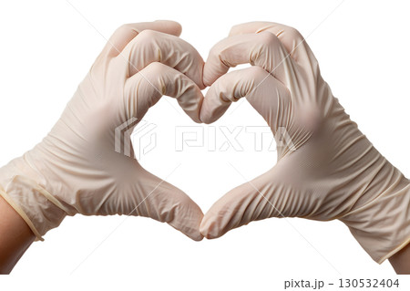 Hands in white medical gloves forming heart shape, healthcare worker appreciation and solidarity symbol 130532404