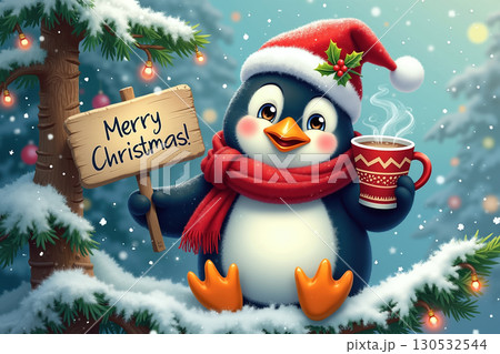 Penguin in santa hat holding sign and hot drink. 130532544