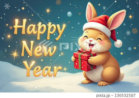 Rabbit with gift and Happy New Year text. 130532587