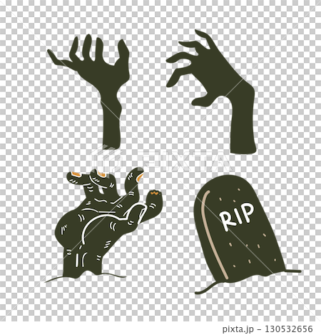 ハロウィンのゾンビの手と墓石のイラスト素材セット 130532656