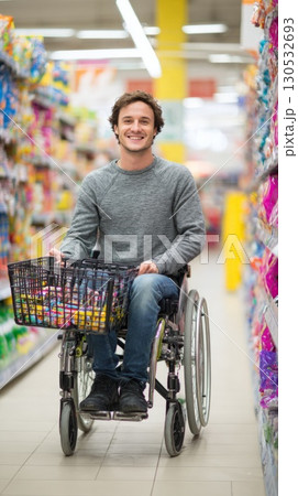 Smiling man in a wheelchair shopping in a supermarket, pushing a cart full of groceries down the aisle, representing independence and inclusion. 130532693