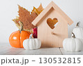 Minimalist Wooden House and White Pumpkins Autumn Home Decor 130532815
