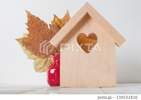 Minimalist Wooden House and White Pumpkins Autumn Home Decor 130532816
