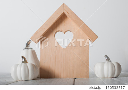 Minimalist Wooden House and White Pumpkins Autumn Home Decor 130532817