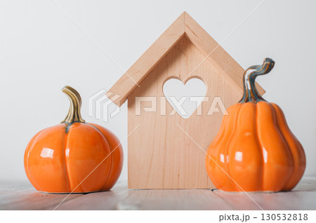 Minimalist Wooden House and White Pumpkins Autumn Home Decor 130532818