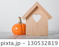 Minimalist Wooden House and White Pumpkins Autumn Home Decor 130532819
