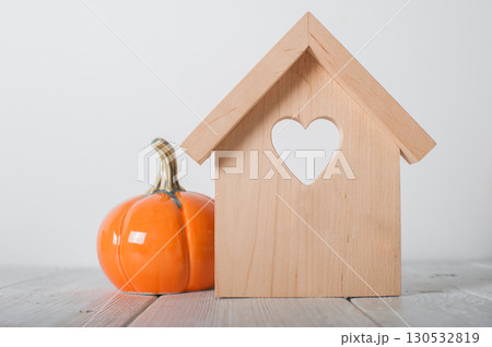 Minimalist Wooden House and White Pumpkins Autumn Home Decor 130532819