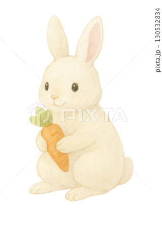 ニンジンを持つ白ウサギのイラスト素材（かわいい動物） 130532834