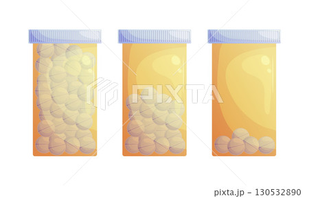A set of pharmaceuticals in yellow vials. Full, half-empty and with several tablets. Cartoon vector illustration 130532890