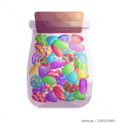 A glass jar with colorful candies. Sweet products, dessert, confectionery concept. Vector illustration on a white background for a poster, banner, postcard, advertisement. 130532901