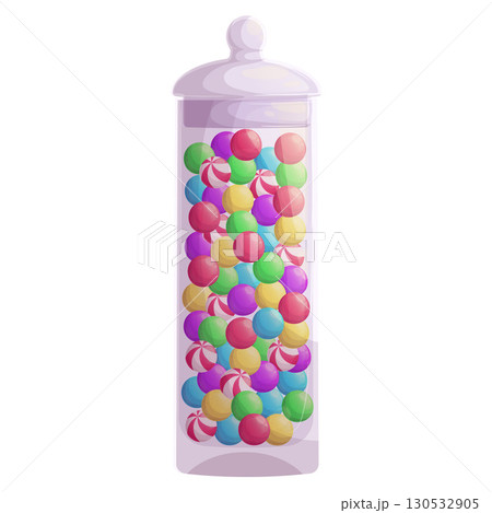 A glass jar with colorful candies, chewing balls. The concept of sweet foods, desserts, and confectionery. Vector illustration on a white background for a poster, banner, postcard, advertisement. A glass jar with colorful candies, chewing balls. The concept of sweet foods, desserts, and confectionery. Vector illustration on a white background for a poster, banner, postcard, advertisement. 130532905