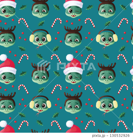 Seamless pattern depicting a cute snake in various New Year hats on a green background. Vector illustration Seamless pattern depicting a cute snake in various New Year hats on a green background. Vector illustration 130532926