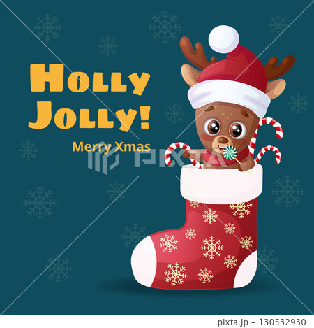 Funny happy cute reindeer in a Christmas sock. Design of a Christmas card, banner, flyer with cartoon vector illustration Funny happy cute reindeer in a Christmas sock. Design of a Christmas card, banner, flyer with cartoon vector illustration 130532930