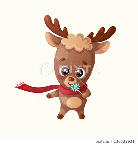 Funny happy cute deer eating lollipop. Design of a Christmas card, banner, flyer with cartoon vector illustration Funny happy cute deer eating lollipop. Design of a Christmas card, banner, flyer with cartoon vector illustration 130532931