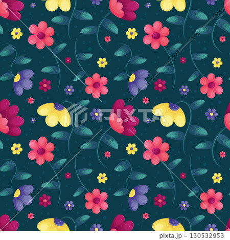 Seamless pattern depicting various flowers on a blue background. Vector illustration Seamless pattern depicting various flowers on a blue background. Vector illustration 130532953