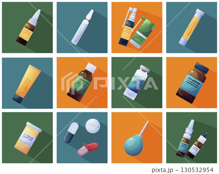 A set of cartoon medical icons in a design with long shadows, square shape. Vector illustration A set of cartoon medical icons in a design with long shadows, square shape. Vector illustration 130532954