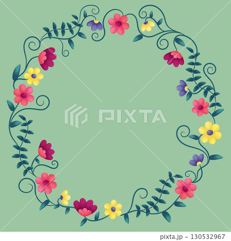 A frame with amazing flowers and plants on a green background. Vector illustration 130532967