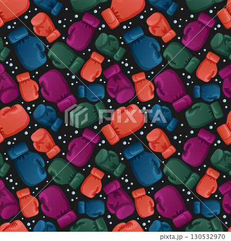SSeamless pattern depicting multicolored boxing gloves on a black background. Vector illustration 130532970