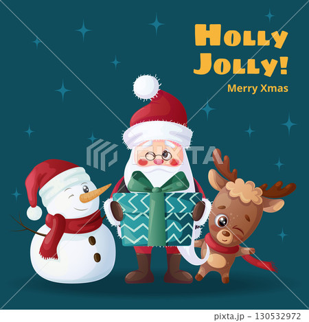 Funny Santa Claus, happy cute reindeer and snowman. Design of a Christmas card, banner, flyer with cartoon vector illustration 130532972