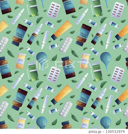 Seamless pattern depicting various medicines on a green background. Vector illustration 130532974