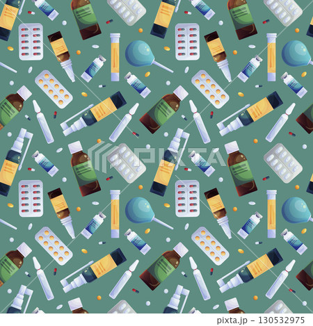 Seamless pattern depicting various medicines on a green background. Vector illustration 130532975
