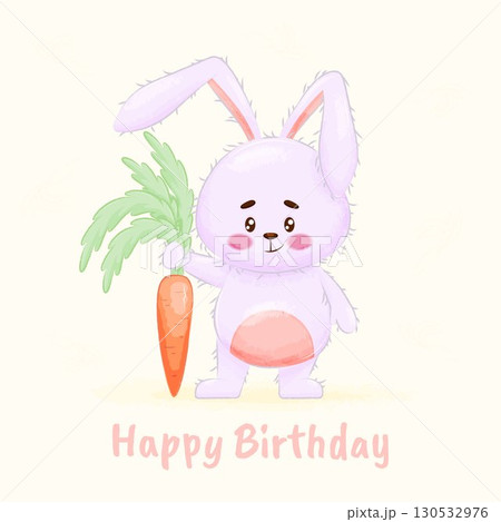 A cute, happily smiling rabbit with a carrot. Adorable funny animals with cartoon vector illustration. Birthday card 130532976
