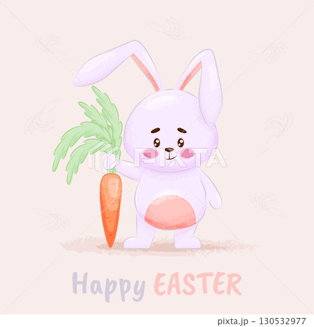 A cute, happily smiling rabbit with a carrot. Adorable funny animals with cartoon vector illustration. Easter Postcard 130532977