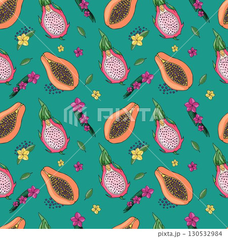 Delicious tropical fruits bright seamless pattern Vector design pattern, hand drawing, papaya, pitaya, kaimito, guava Delicious tropical fruits bright seamless pattern Vector design pattern, hand drawing, papaya, pitaya, kaimito, guava 130532984