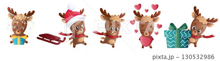 Merry Christmas. A fun set of activities for the happy deer. Christmas card, banner, flyer design with cartoon vector illustration 130532986