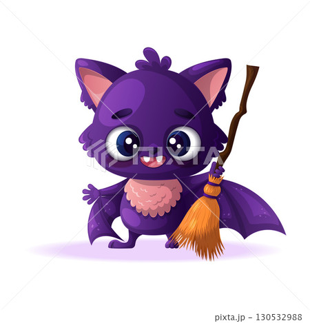 A cute, happily smiling purple bat is holding a broom. Adorable funny animals with cartoon vector illustration on white background 130532988