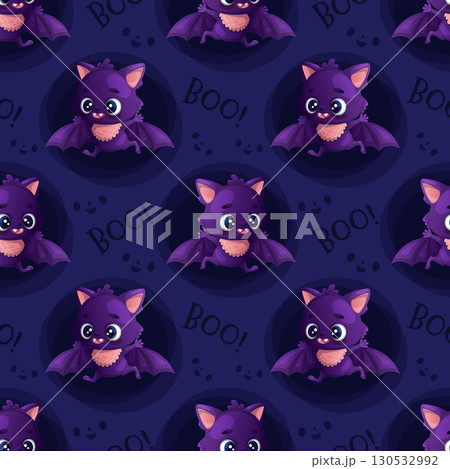 Seamless pattern featuring a cute bat on a blue background. Vector illustration 130532992