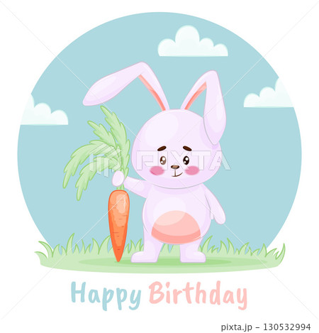 A cute, happily smiling rabbit with a carrot. Adorable funny animals with cartoon vector illustration. Birthday card A cute, happily smiling rabbit with a carrot. Adorable funny animals with cartoon vector illustration. Birthday card 130532994