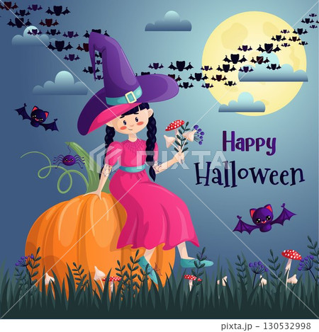 A cute witch in a hat is sitting on a pumpkin, it's night. A design element for invitation cards, Halloween parties. Design elements for the Internet, postcards and publications. Vector illustration 130532998