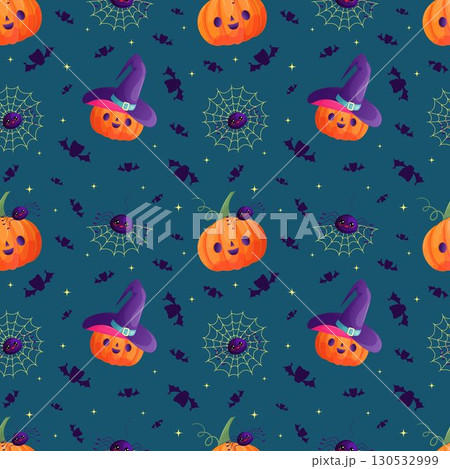 Seamless pattern with pumpkin, bats, spiders, spider web. Cute vector holiday illustration. Blue background. 130532999