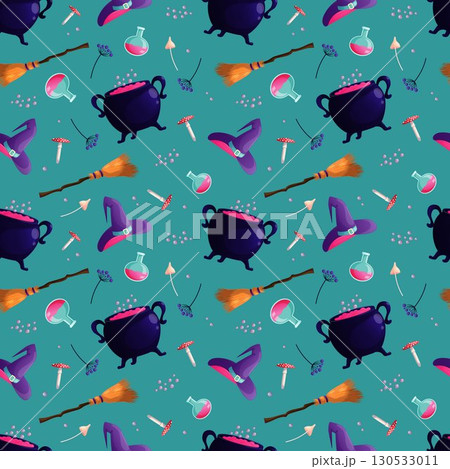 Seamless pattern with cauldron, witch hat, broom, potion, poisonous mushrooms. Cute vector holiday illustration. Blue background. Seamless pattern with cauldron, witch hat, broom, potion, poisonous mushrooms. Cute vector holiday illustration. Blue background. 130533011