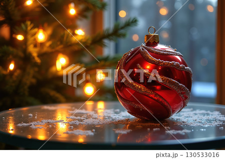Red Christmas ornament on a snowy table with a lit tree in the background. 130533016