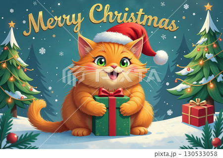 Orange cat in Santa hat holding a gift box amidst snowy Christmas trees. Orange cat in Santa hat holding a gift box amidst snowy Christmas trees. 130533058