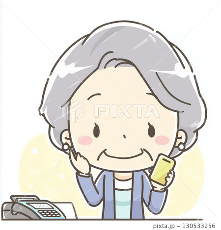コンビニのレジでスマホ決済をする笑顔の高齢女性のイラスト 130533256