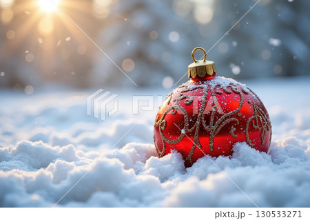 Red Christmas ornament in snow. 130533271
