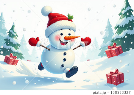 Happy snowman dancing in snowy forest with gifts around. 130533327