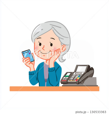 コンビニのレジでスマホ決済をする笑顔の高齢女性のイラスト 130533363