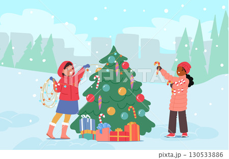 Happy friends cute kids decorating christmas tree outside enjoying holiday preparation cartoon scene 130533886