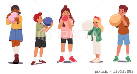 Children of different age blowing air balloons enjoying creative hobby isolated set on white 130533892
