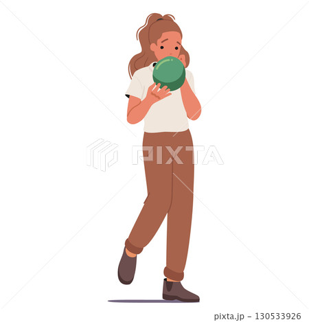 Attractive teenage girl child cartoon character blowing festive holiday balloon isolated on white 130533926