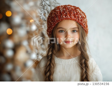 Portrait of beautiful cheerful girl in red hat on Christmas background with empty space for text 130534156