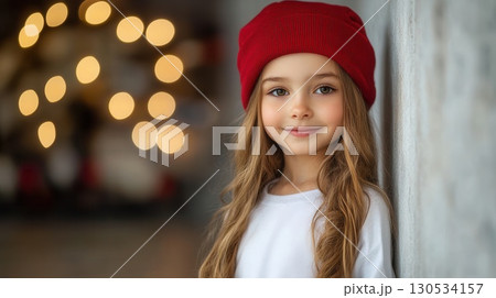 Portrait of beautiful cheerful girl in red hat on Christmas background with empty space for text 130534157