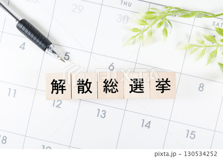 カレンダー上の木製ブロックに解散総選挙の文字 130534252