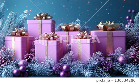 ?loseup craft pink gift box purple holiday background, copy space, banner Merry Christmas, New Year 130534280