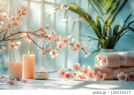 Spa composition with blooming cherry blossoms, candle and soft towels on a textured green background 130534317
