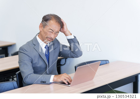 パソコンを見て考えるシニアビジネスマン パソコンを見て考えるシニアビジネスマン 130534321